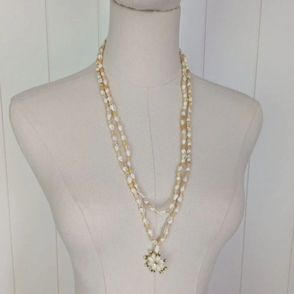 Extra long vintage mini conch shell necklace with shell pendant - 1970's